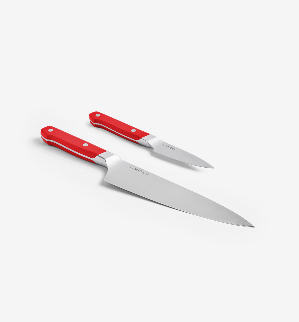 Misen chef knife and paring knife set with red handles