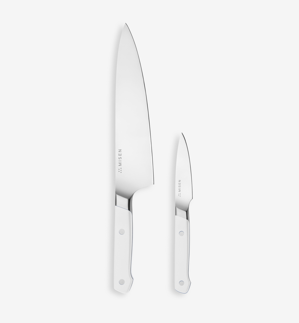 Misen chef's knife and paring knife set with white handles and stainless steel blades